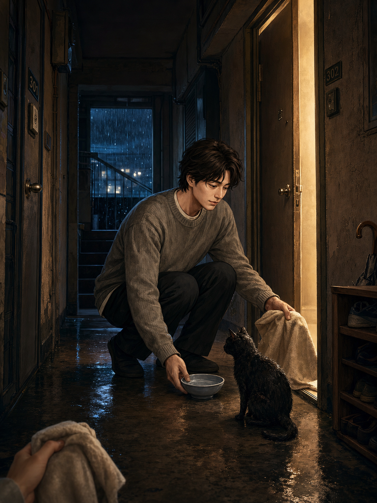 Cover art for A Cat Lives Between Us, showing the cat that arrives between two neighbours on a rainy night